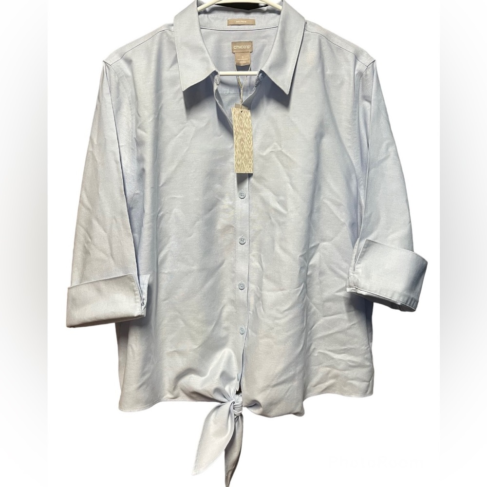 Chicos The Front Shirt Button Collared Tie Chambray 3/4 Sleeve Light Blue 3